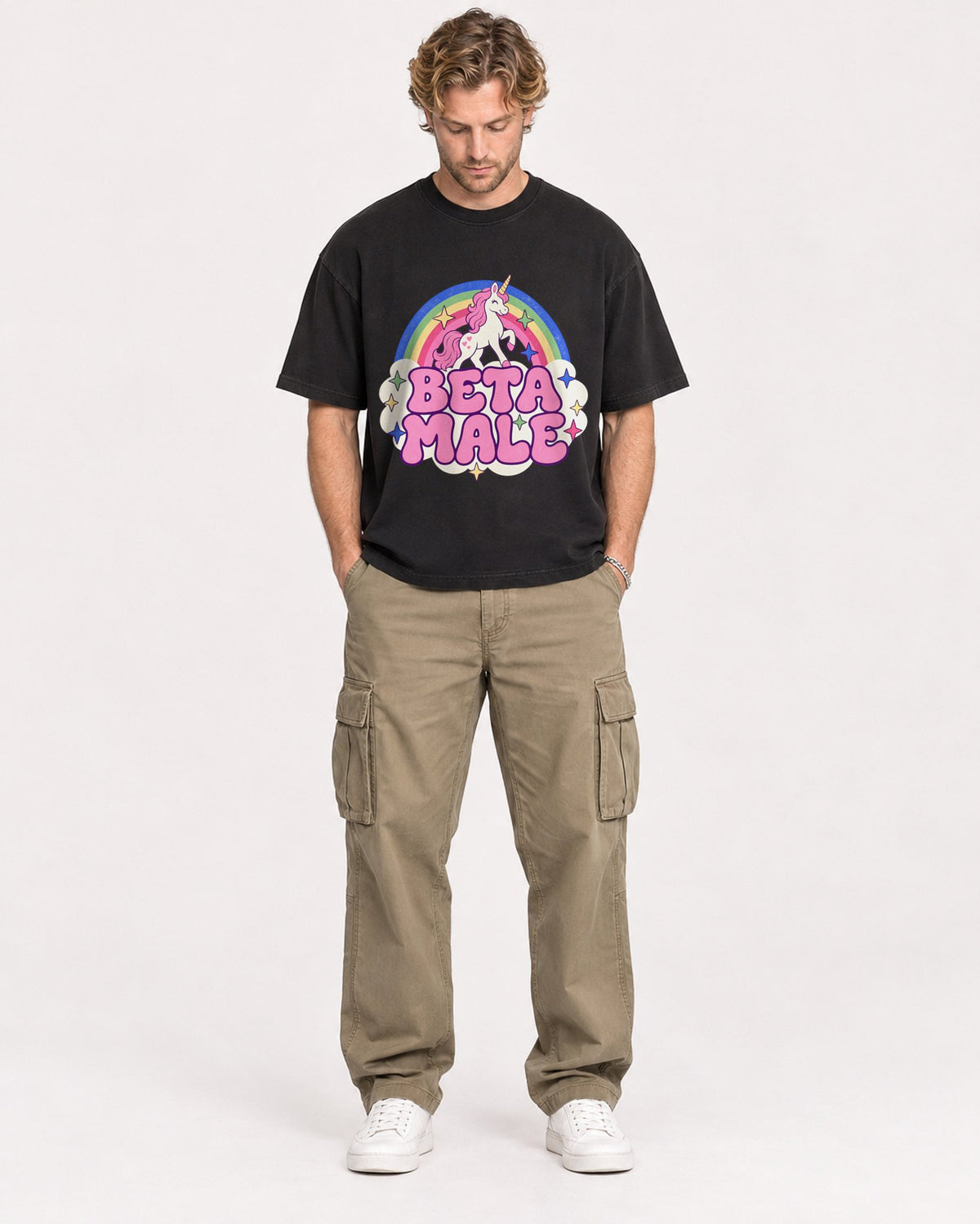 Mockup Boxy Heavyweight Tee Black male full-body 28