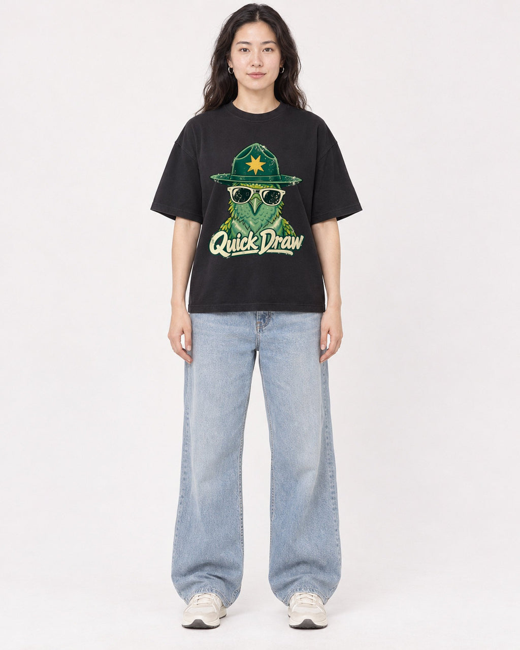 Mockup Boxy Heavyweight Tee Black female full-body 03