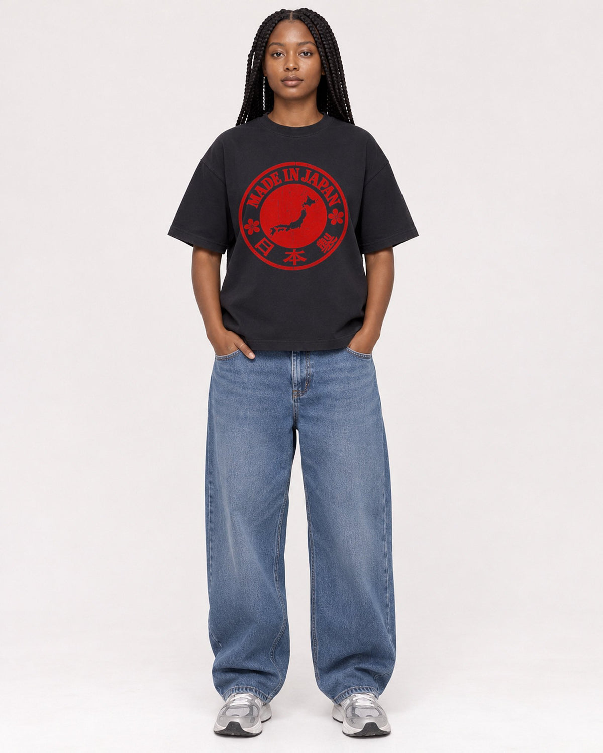 Mockup Boxy Heavyweight Tee Black female full-body 04