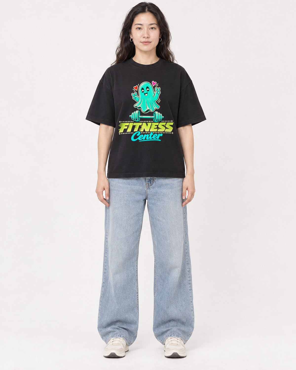 Mockup Boxy Heavyweight Tee Black female full-body 03