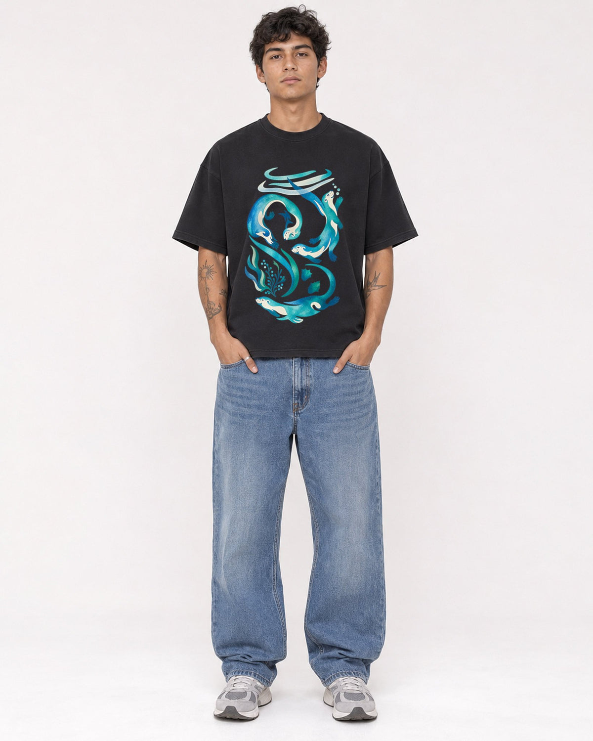 Mockup Boxy Heavyweight Tee Black male full-body 06