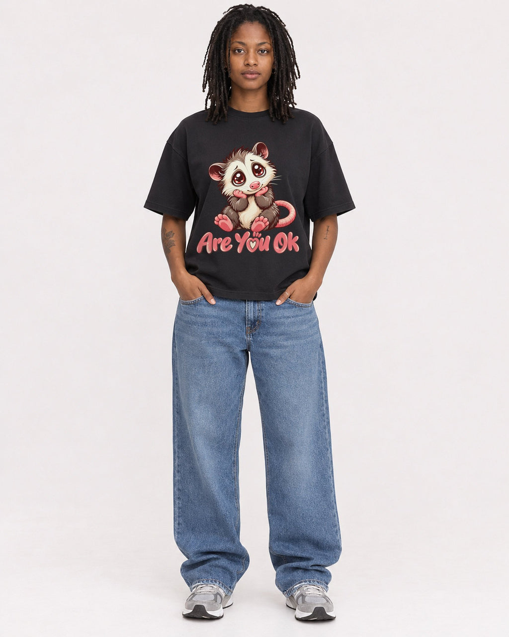 Mockup Boxy Heavyweight Tee Black female full-body 24