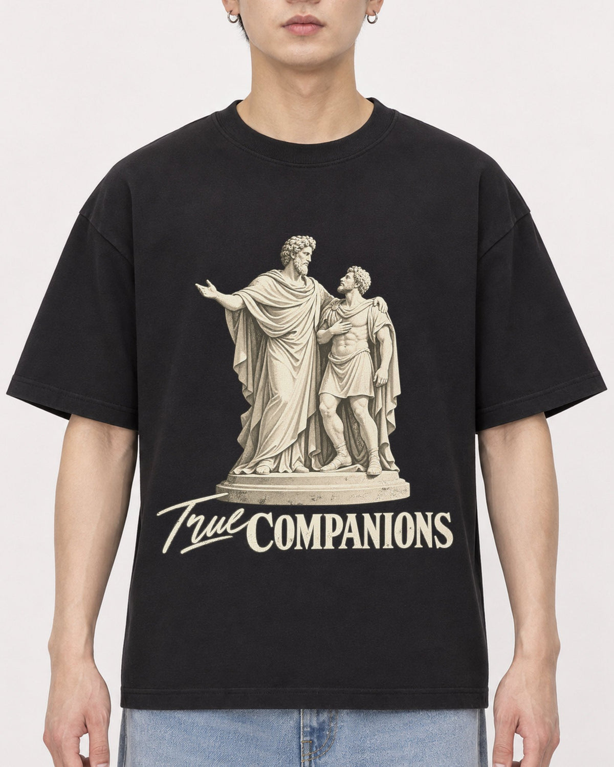 Mockup Boxy Heavyweight Tee Black male close-up 01