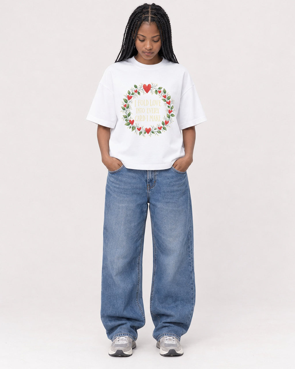 Mockup Boxy Heavyweight Tee White female full-body 45