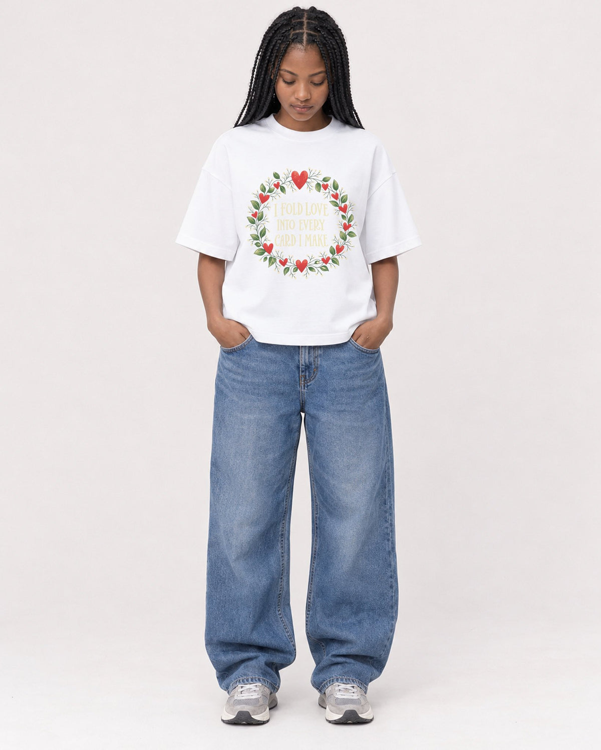 Mockup Boxy Heavyweight Tee White female full-body 45