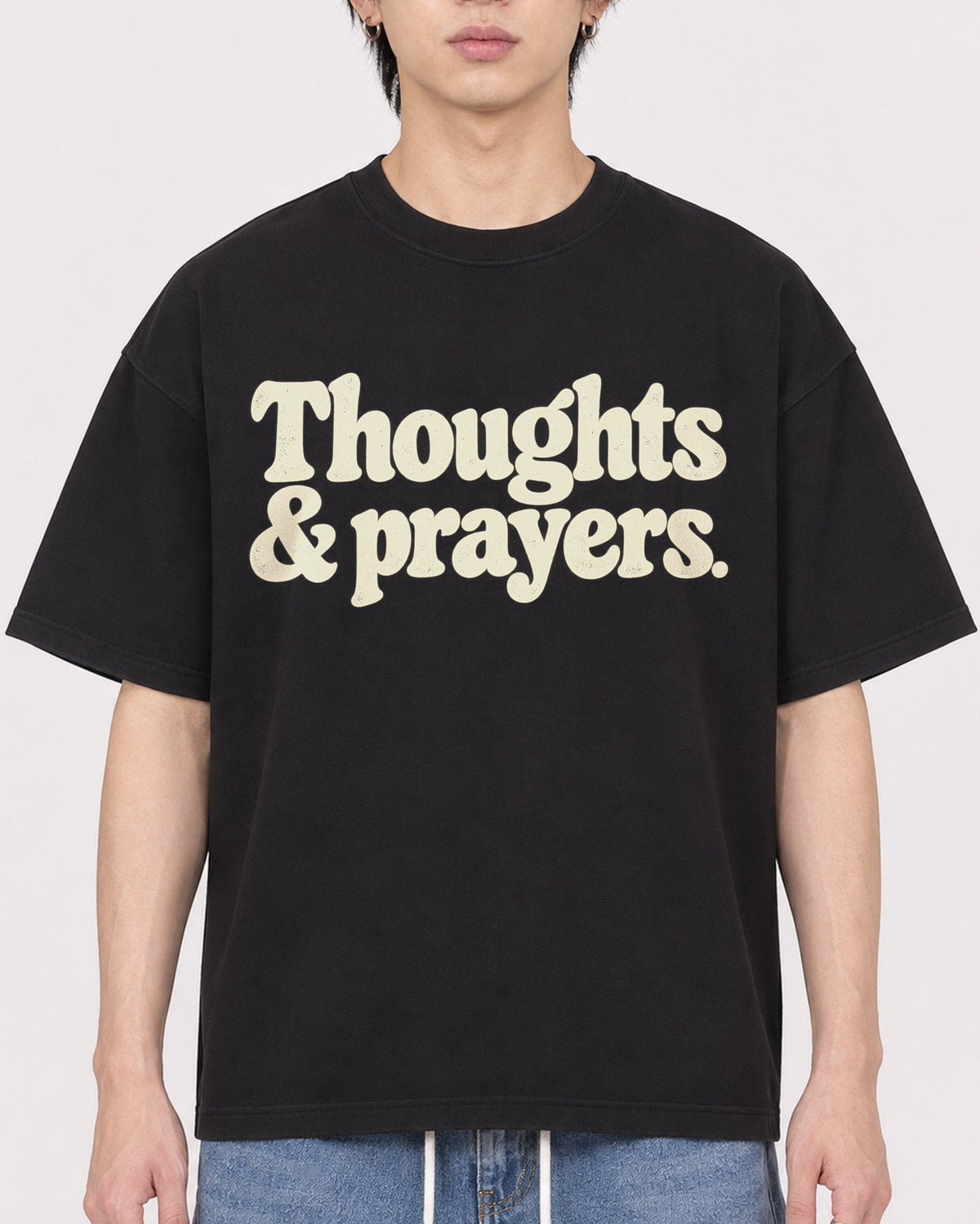 Mockup Boxy Heavyweight Tee Black male close-up 11