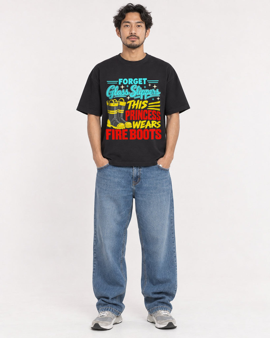 Mockup Boxy Heavyweight Tee Black male full-body 02