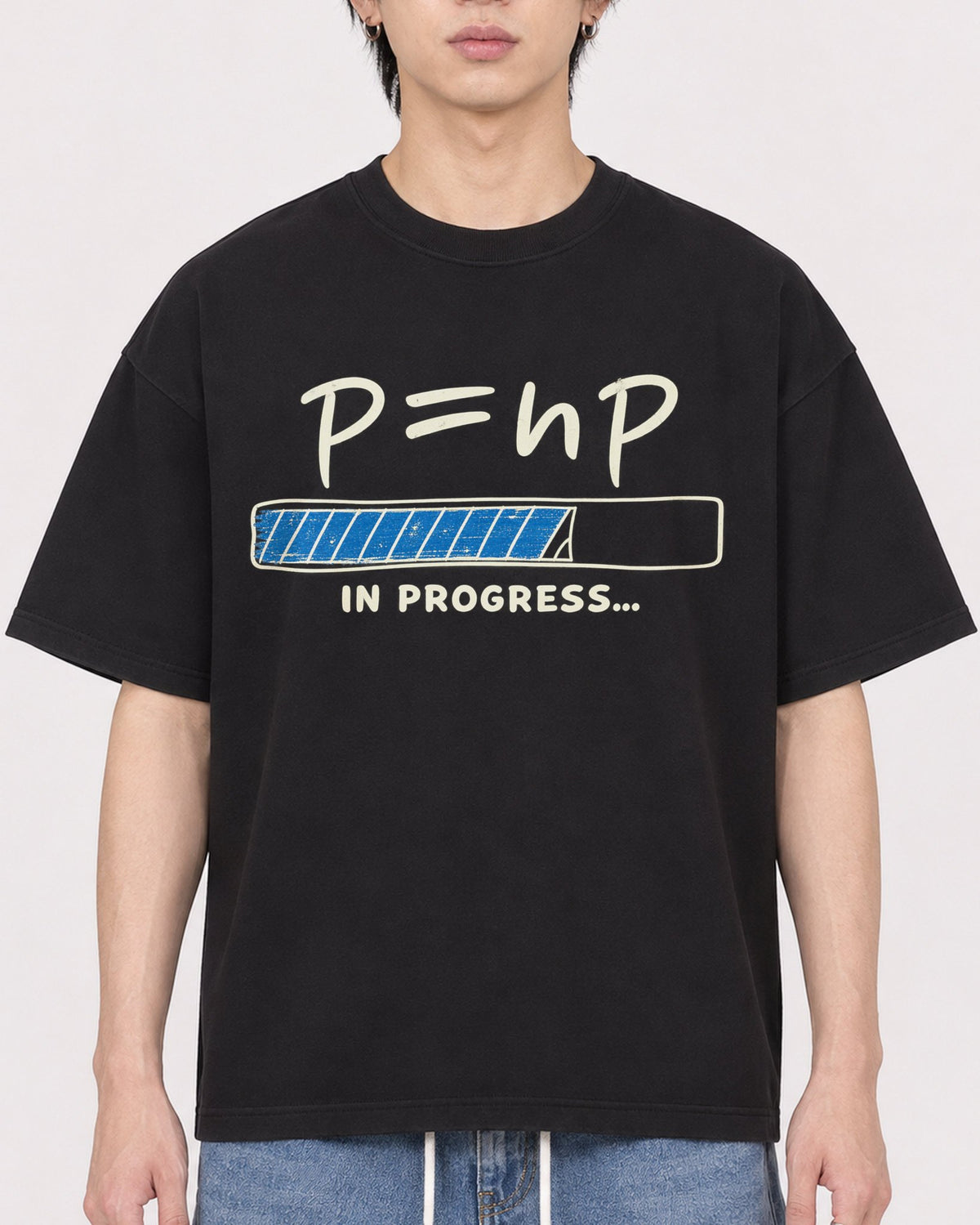 Mockup Boxy Heavyweight Tee Black male close-up 11