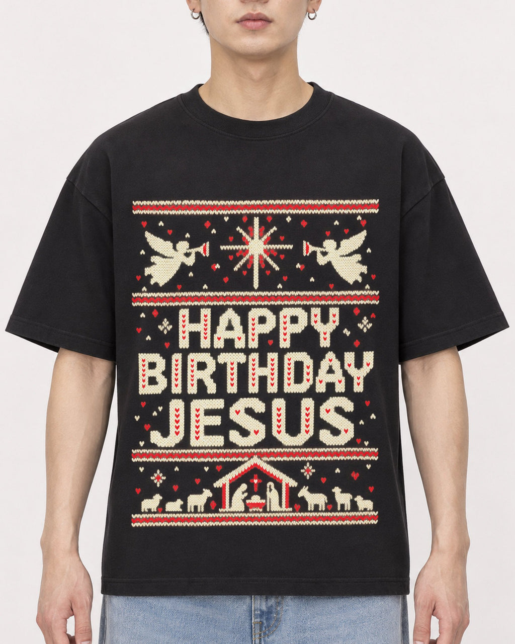 Mockup Boxy Heavyweight Tee Black male close-up 01