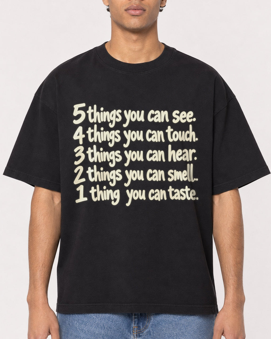 Mockup Boxy Heavyweight Tee Black male close-up 10