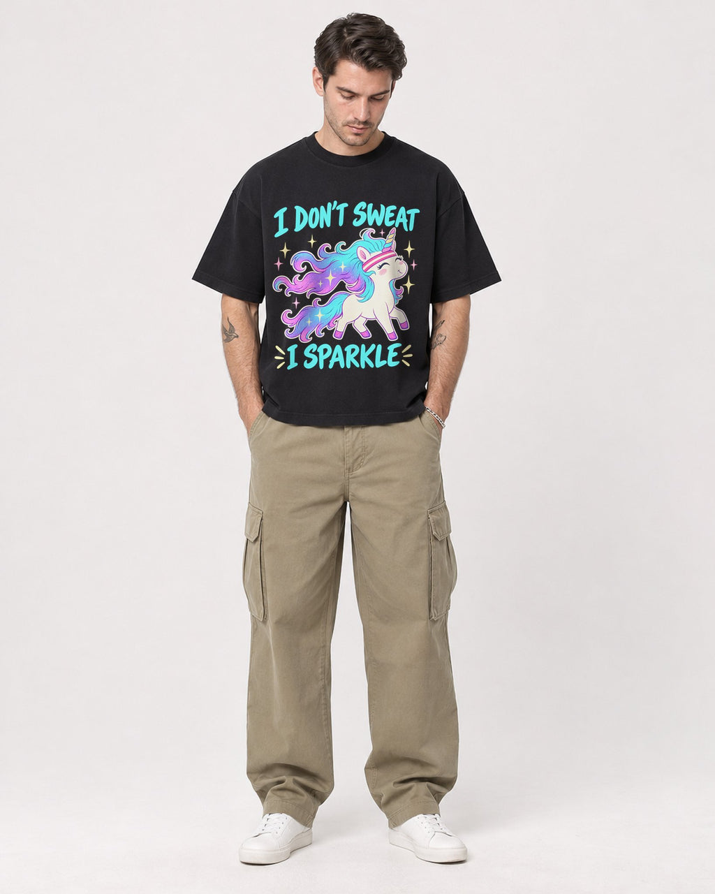 Mockup Boxy Heavyweight Tee Black male full-body 48