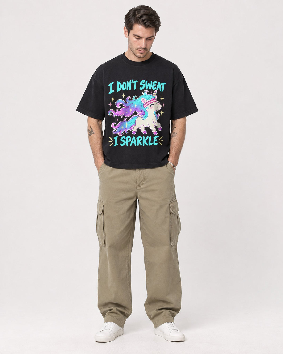 Mockup Boxy Heavyweight Tee Black male full-body 48