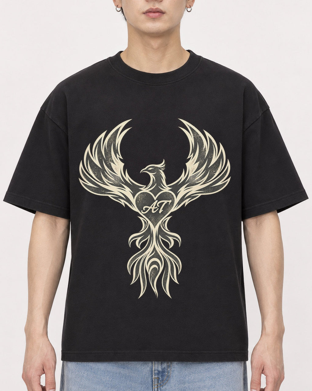 Mockup Boxy Heavyweight Tee Black male close-up 01