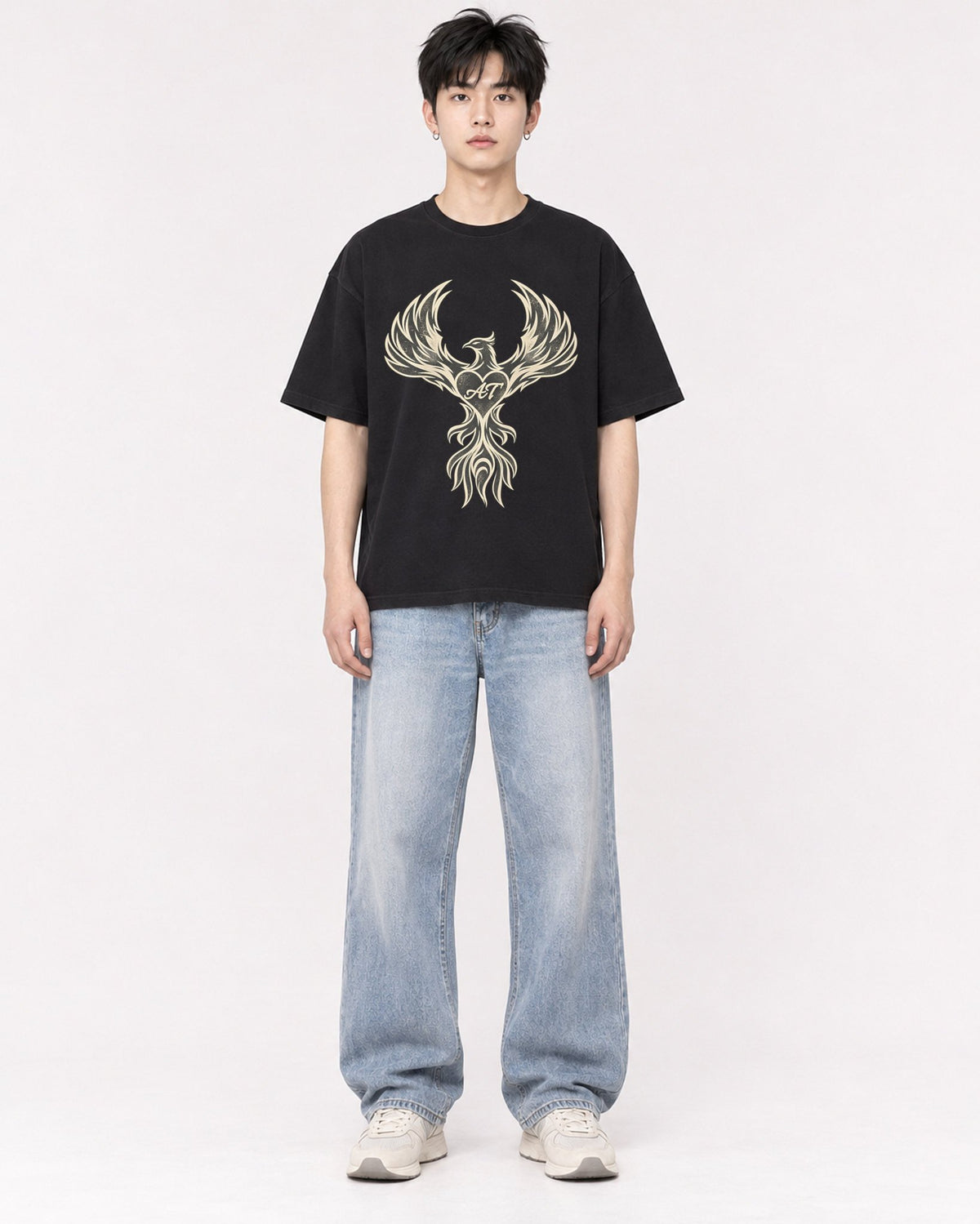 Mockup Boxy Heavyweight Tee Black male full-body 01