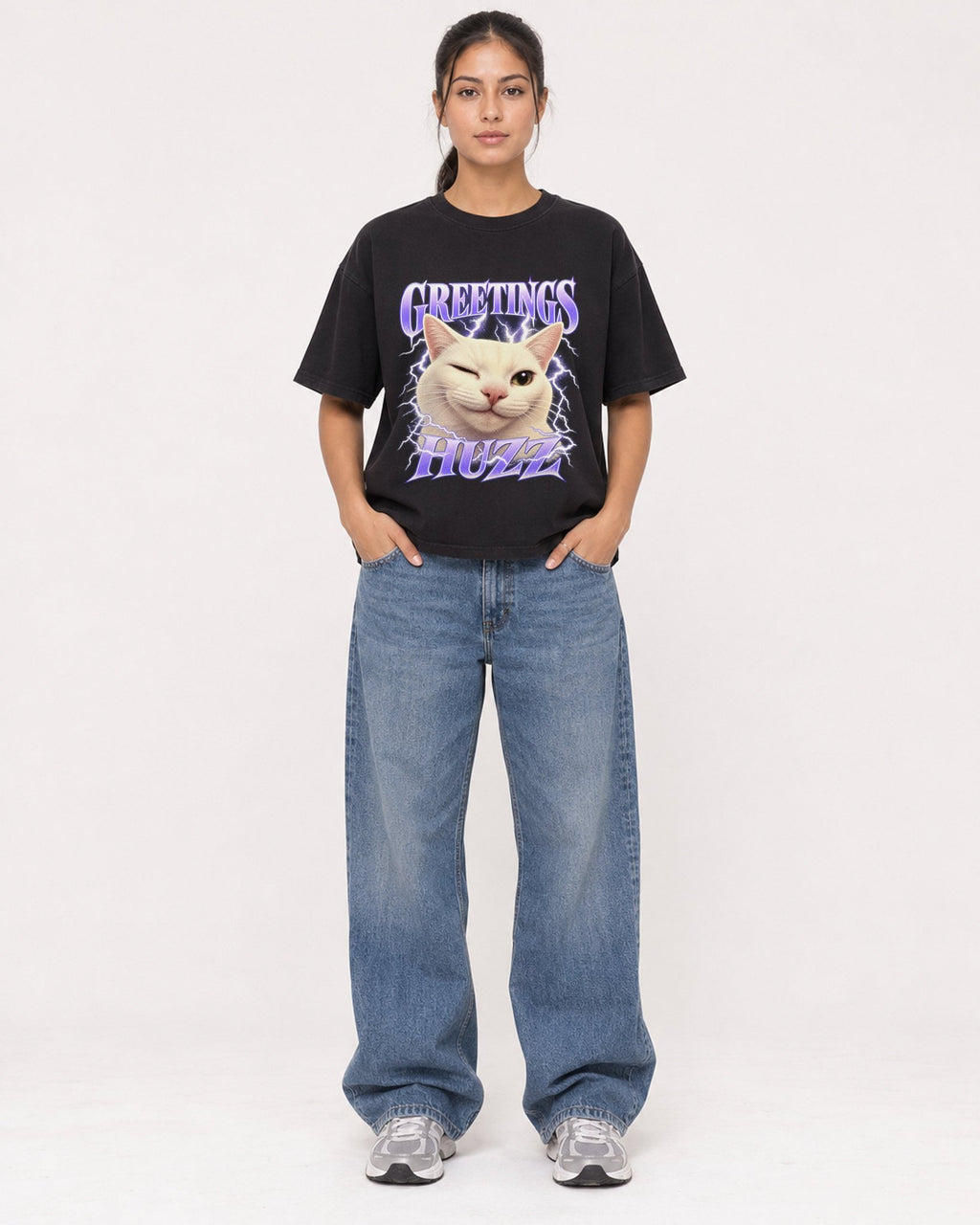 Mockup Boxy Heavyweight Tee Black female full-body 16