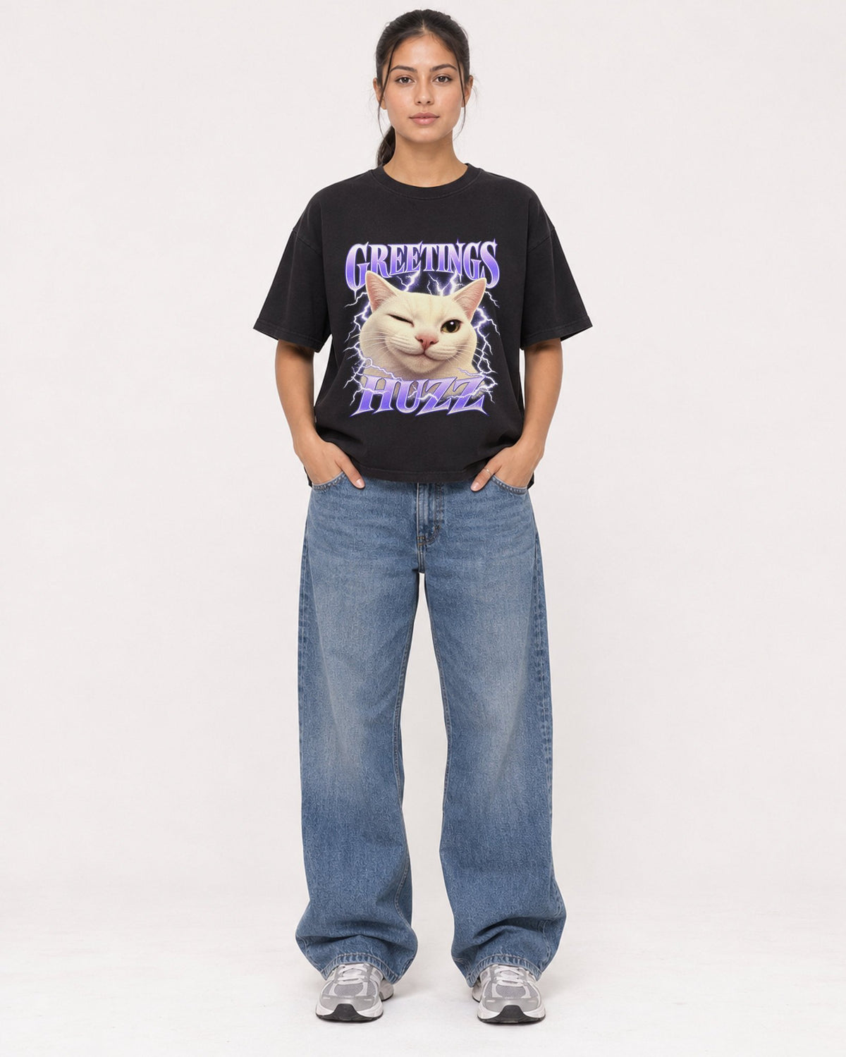 Mockup Boxy Heavyweight Tee Black female full-body 16