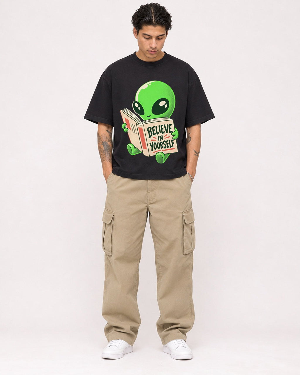 Mockup Boxy Heavyweight Tee Black male full-body 36