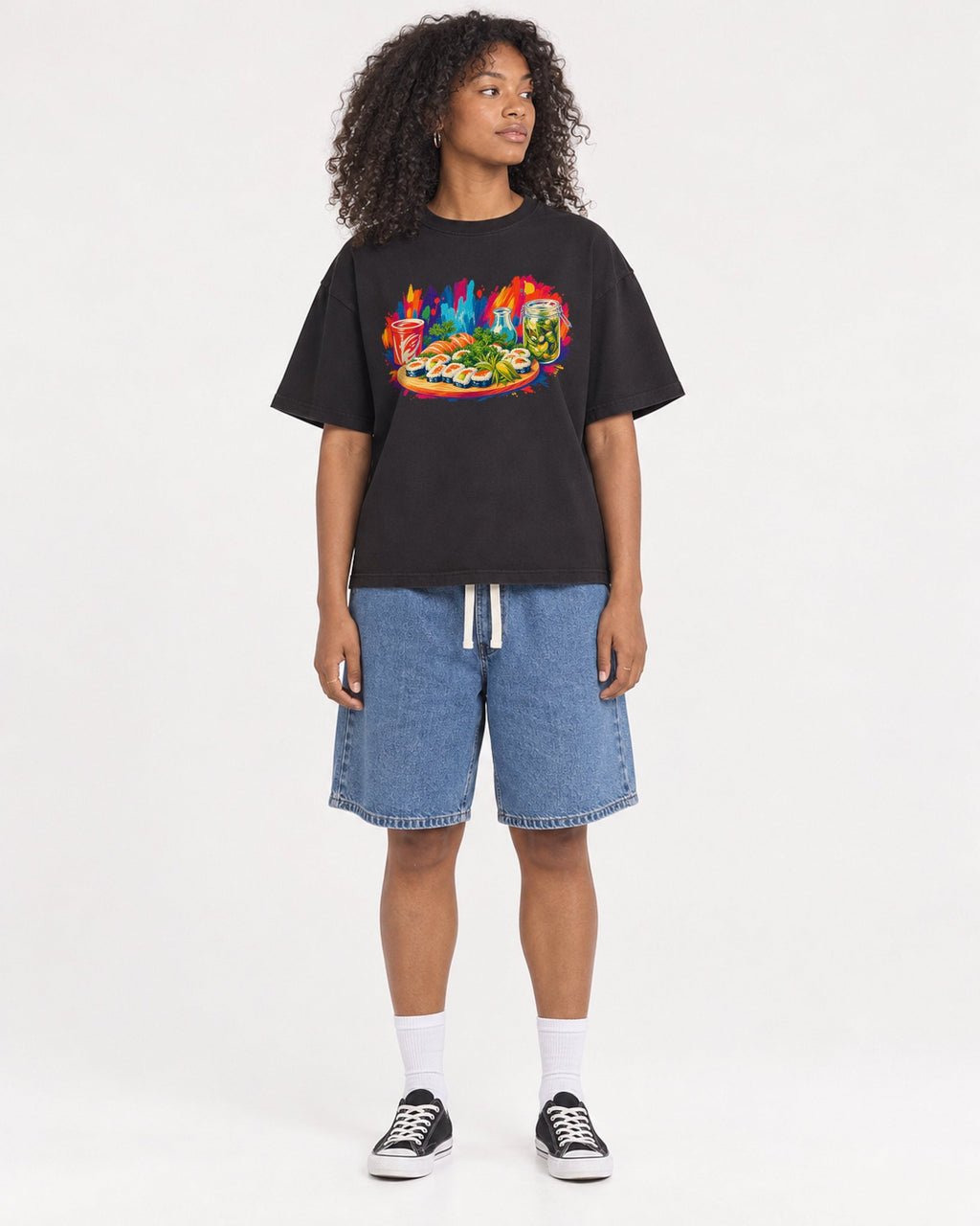 Mockup Boxy Heavyweight Tee Black female full-body 05