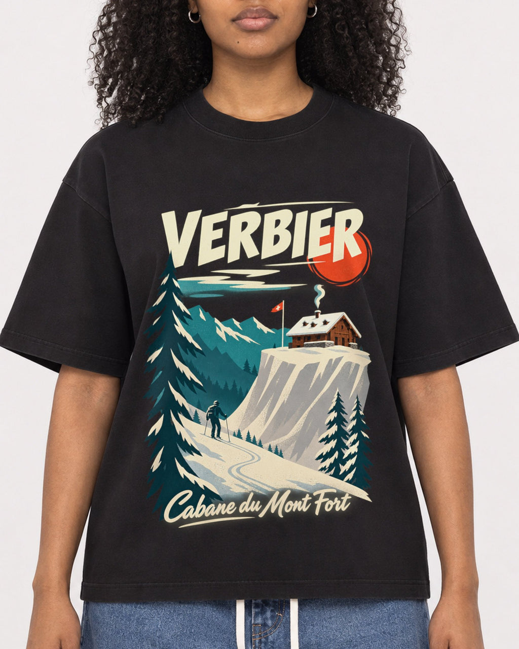 Mockup Boxy Heavyweight Tee Black female close-up 05