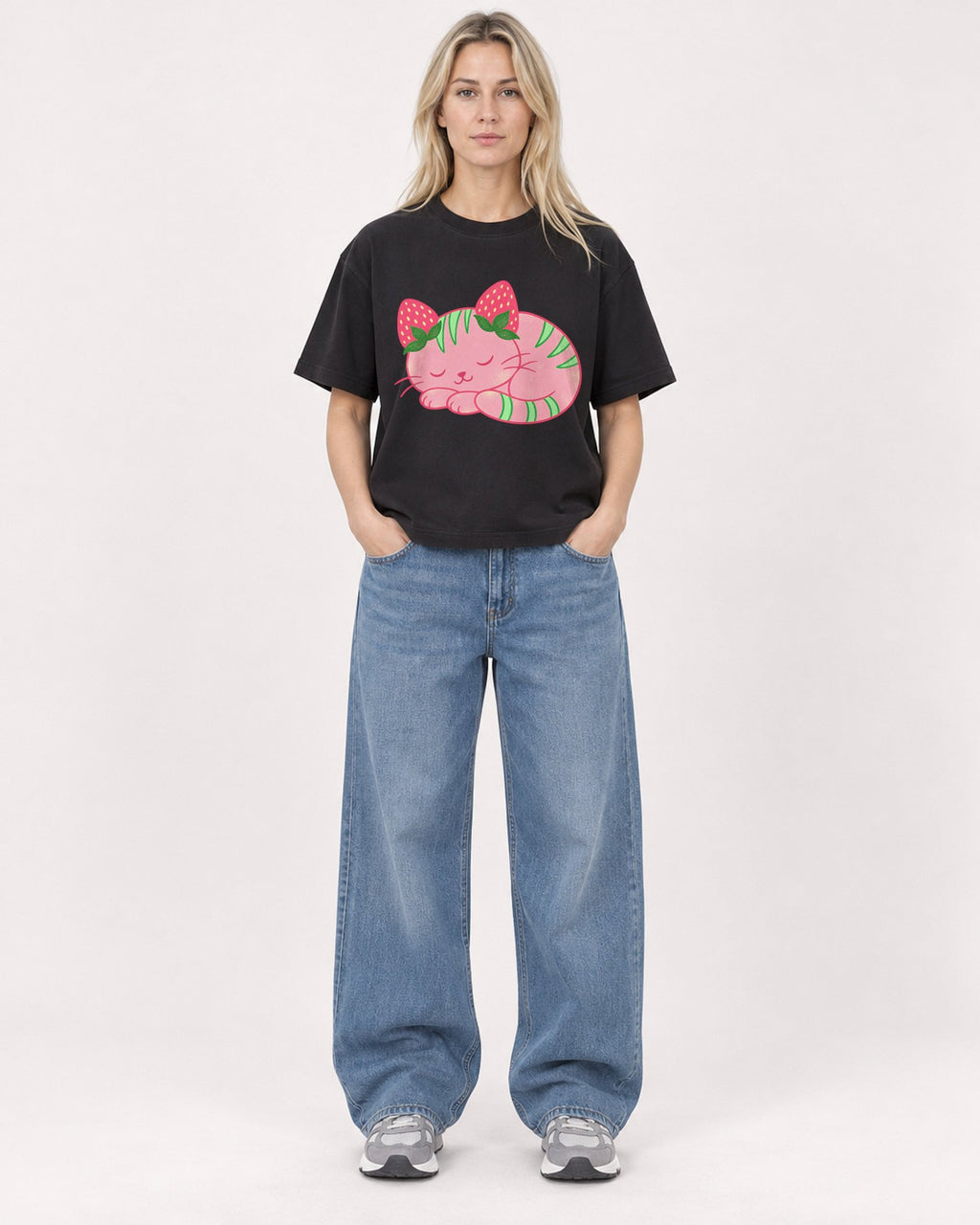 Mockup Boxy Heavyweight Tee Black female full-body 08