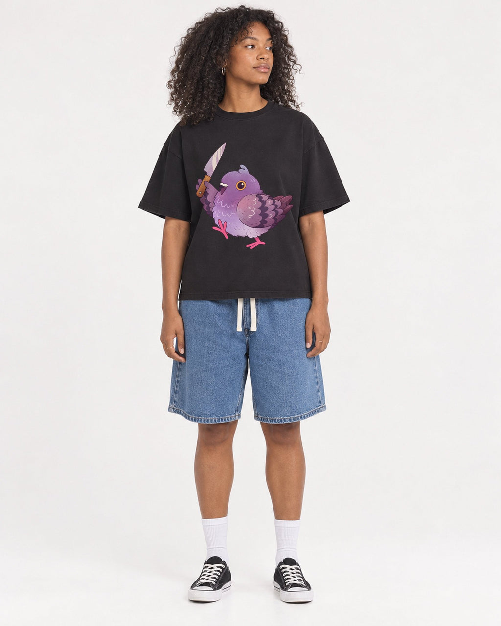 Mockup Boxy Heavyweight Tee Black female full-body 05