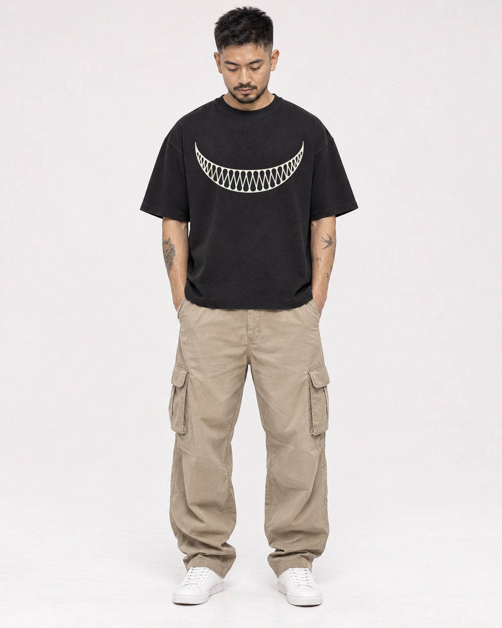 Mockup Boxy Heavyweight Tee Black male full-body 12