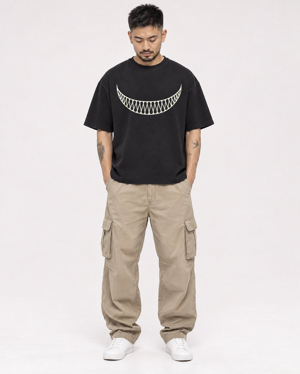 Mockup Boxy Heavyweight Tee Black male full-body 12