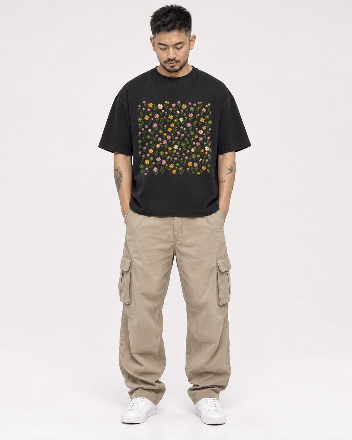 Mockup Boxy Heavyweight Tee Black male full-body 12