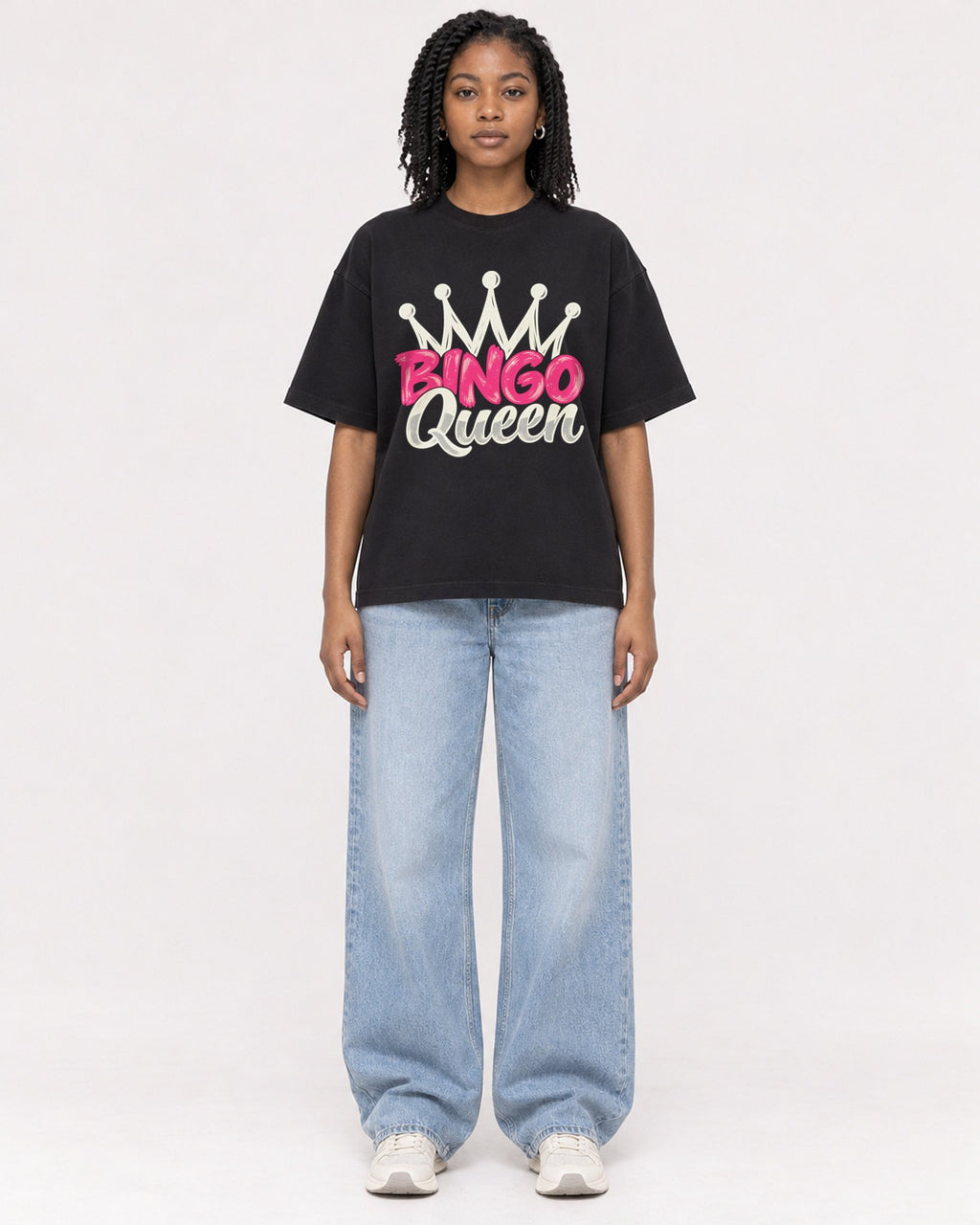 Mockup Boxy Heavyweight Tee Black female full-body 15