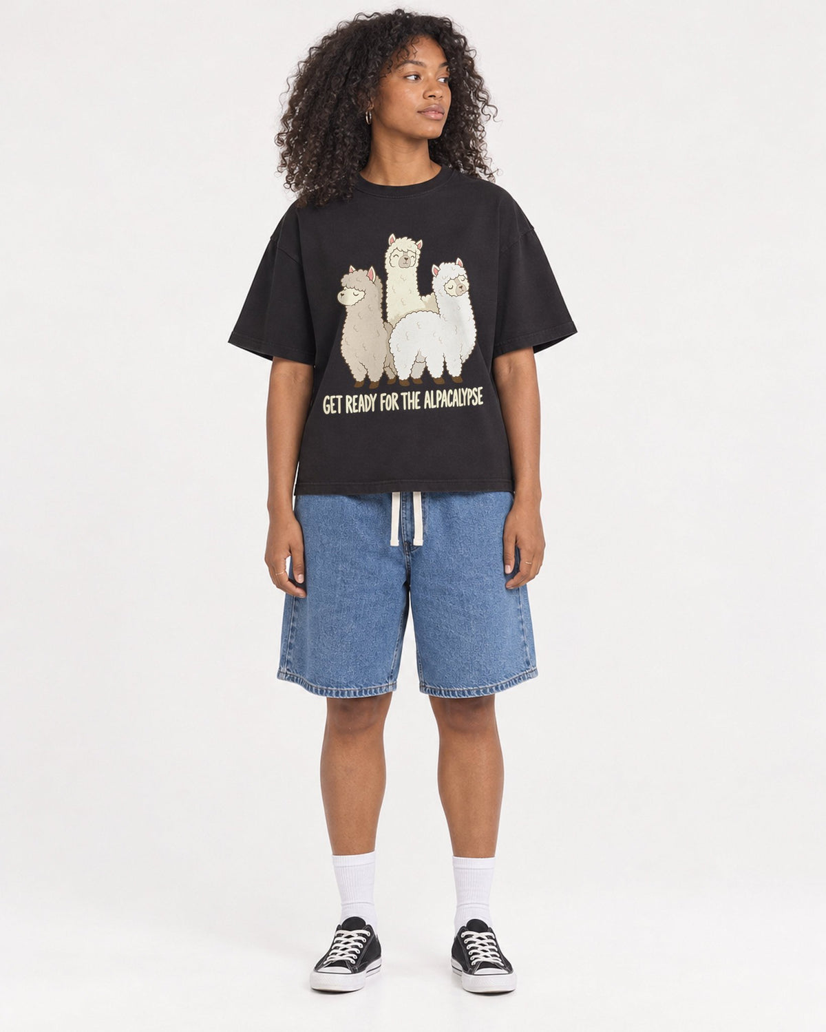 Mockup Boxy Heavyweight Tee Black female full-body 05
