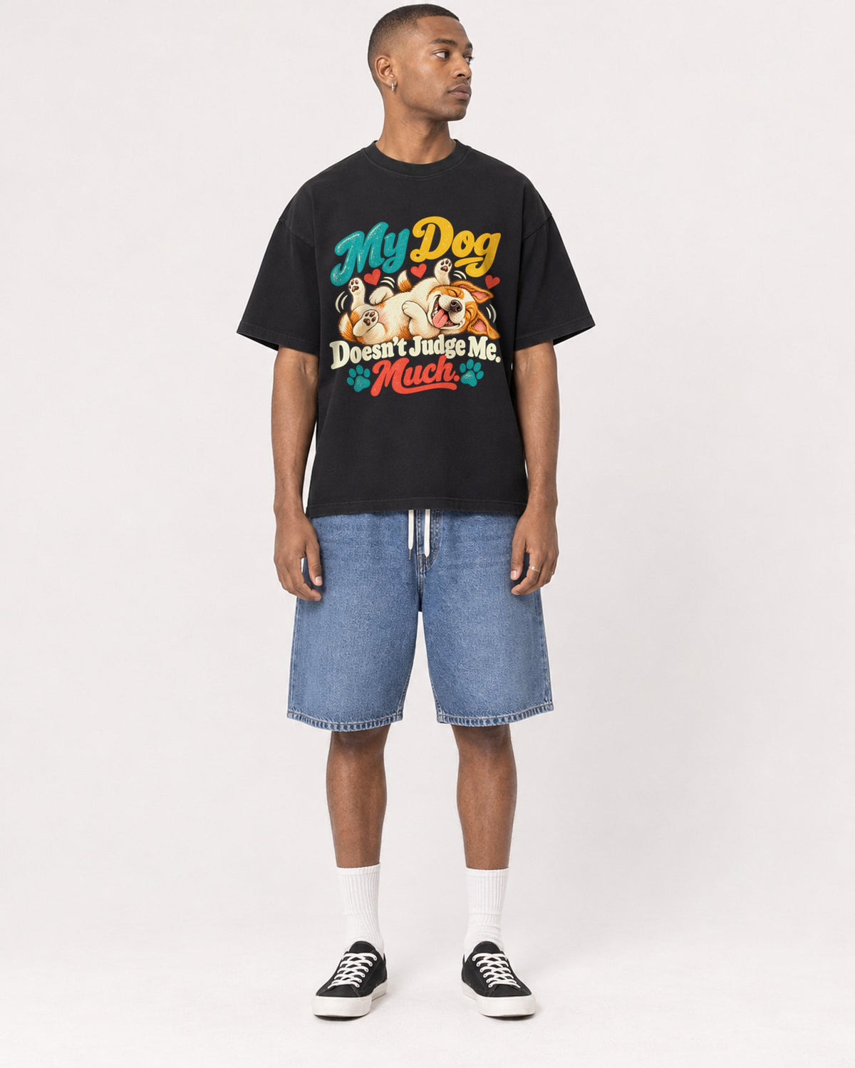 Mockup Boxy Heavyweight Tee Black male full-body 35