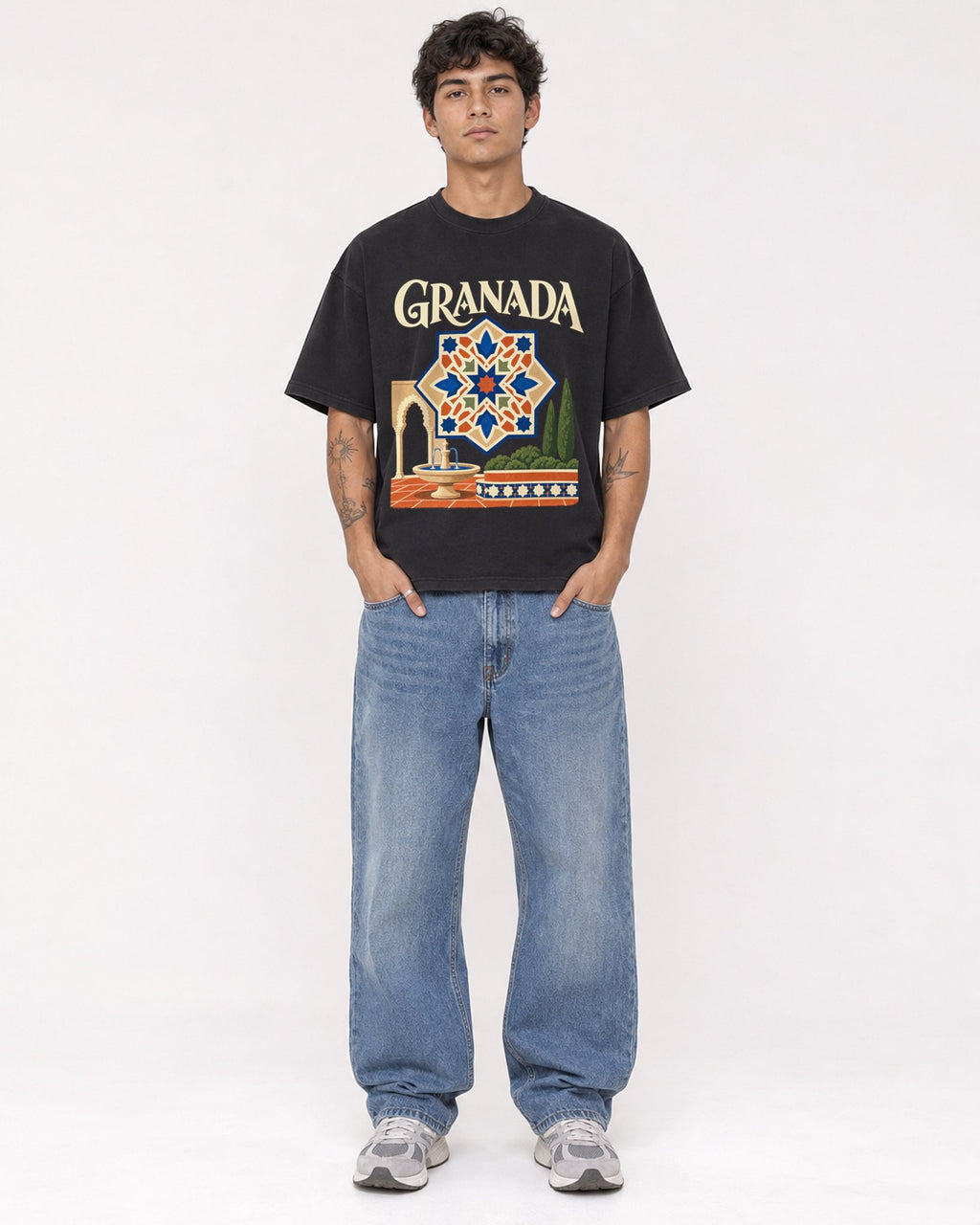 Mockup Boxy Heavyweight Tee Black male full-body 06