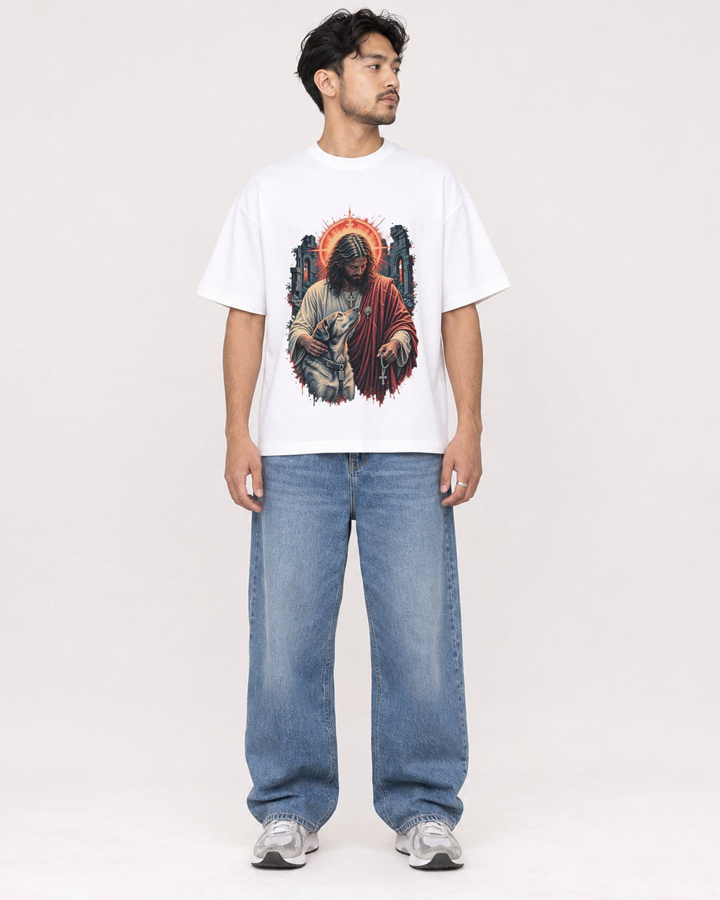 Mockup Boxy Heavyweight Tee White male full-body 02