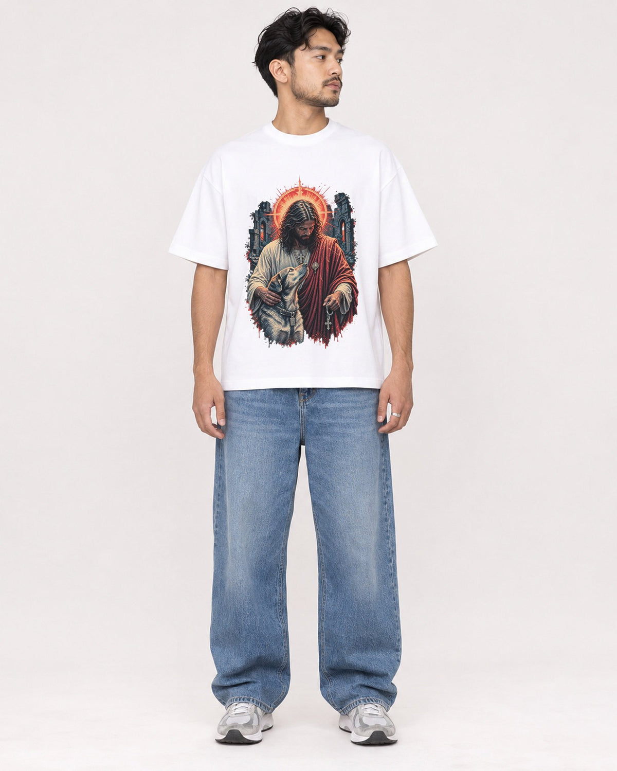 Mockup Boxy Heavyweight Tee White male full-body 02