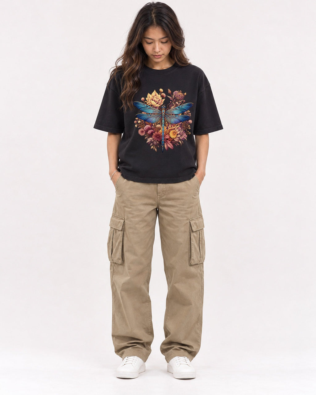 Mockup Boxy Heavyweight Tee Black female full-body 02