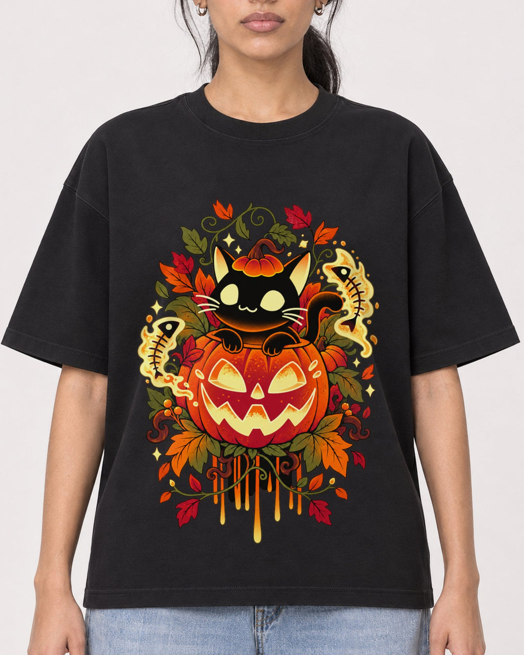 Mockup Boxy Heavyweight Tee Black female close-up 47