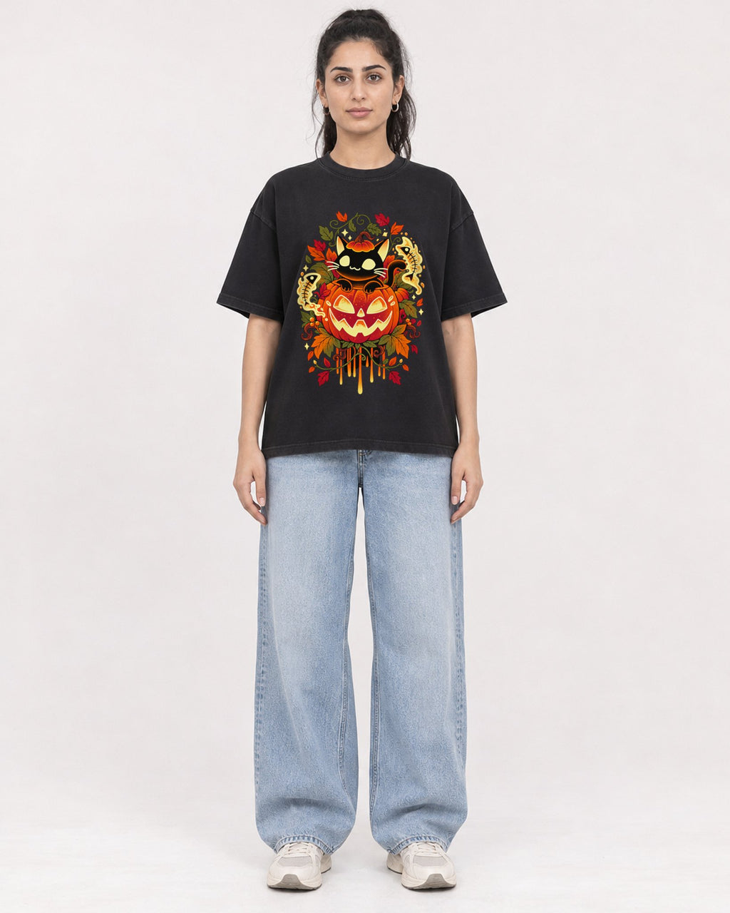 Mockup Boxy Heavyweight Tee Black female full-body 47