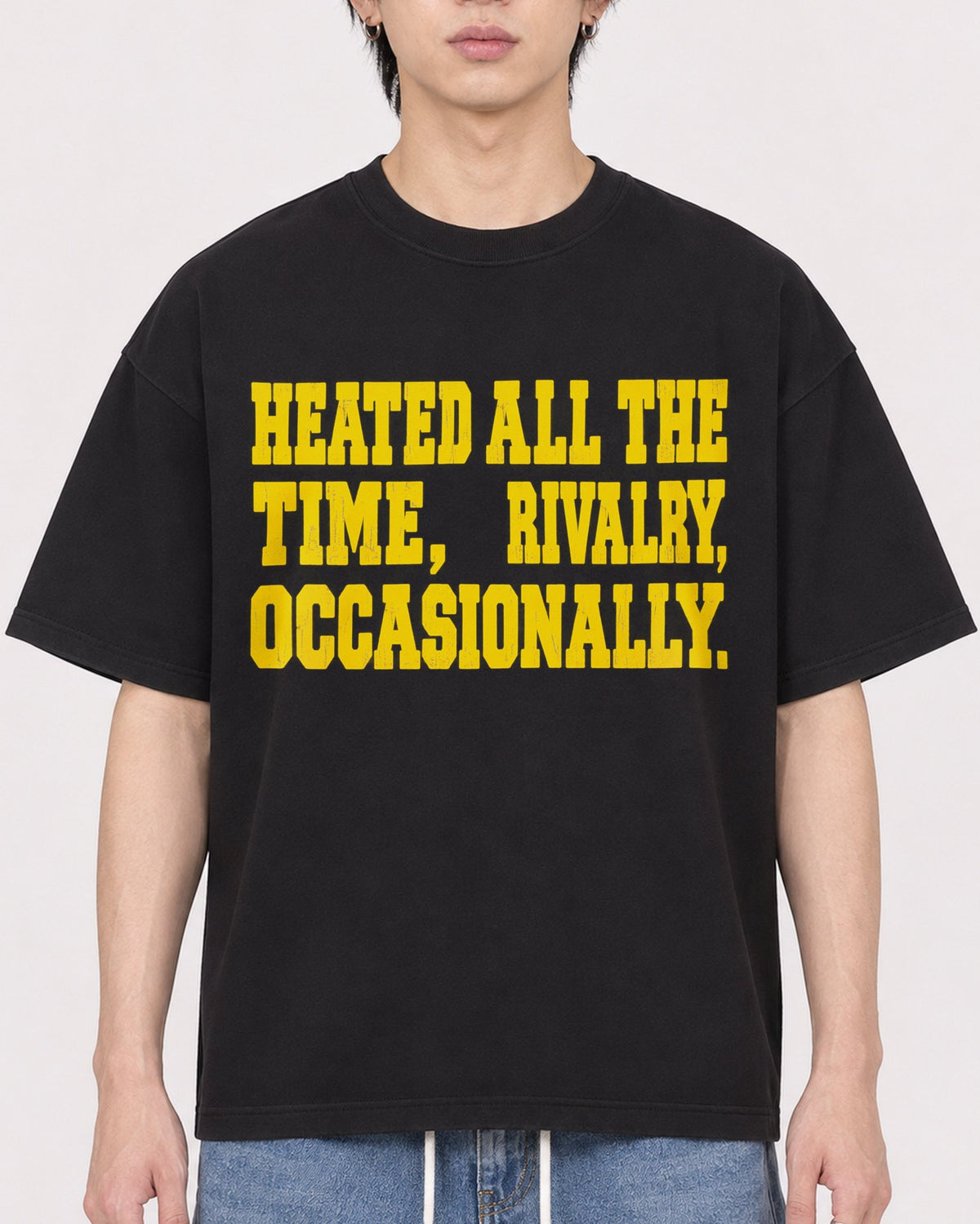 Mockup Boxy Heavyweight Tee Black male close-up 11