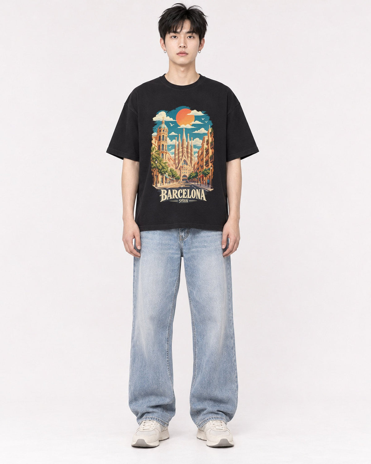 Mockup Boxy Heavyweight Tee Black male full-body 01