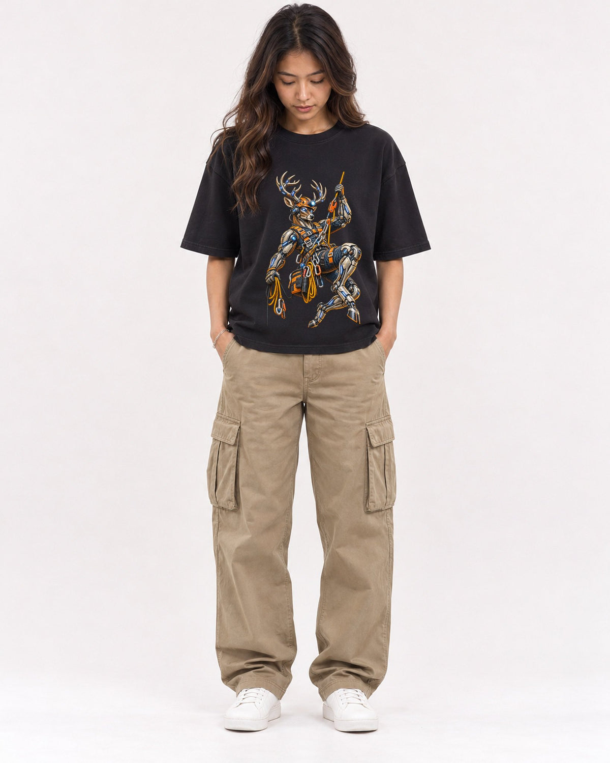 Mockup Boxy Heavyweight Tee Black female full-body 02