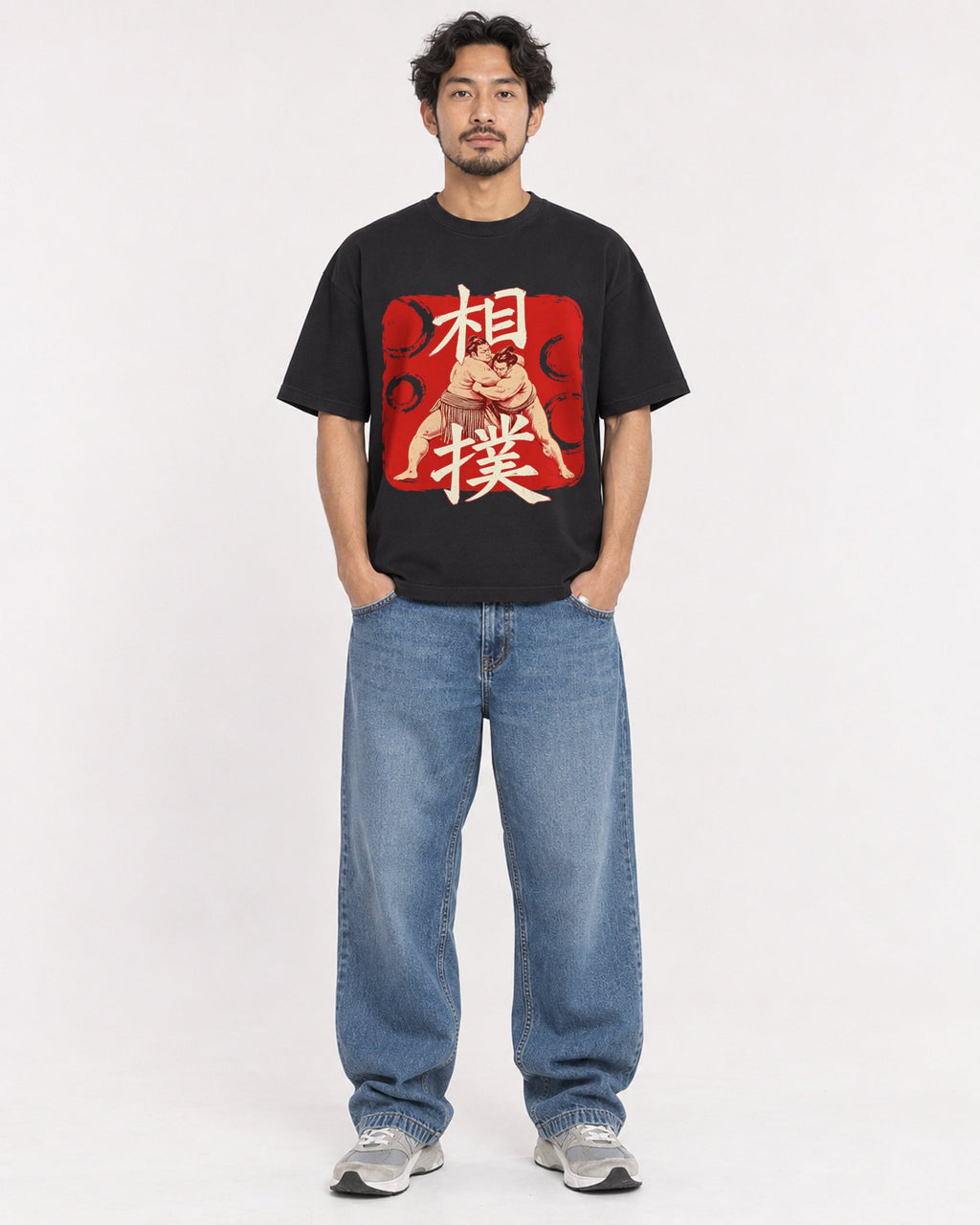 Mockup Boxy Heavyweight Tee Black male full-body 02