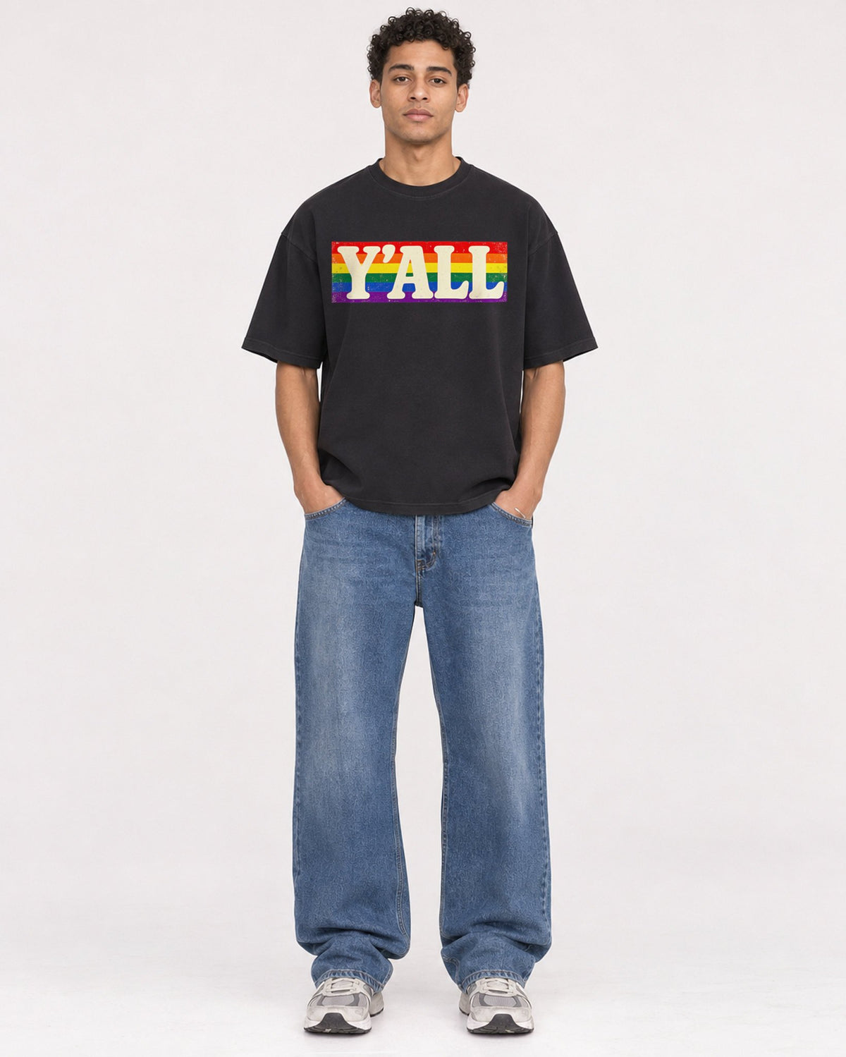 Mockup Boxy Heavyweight Tee Black male full-body 10