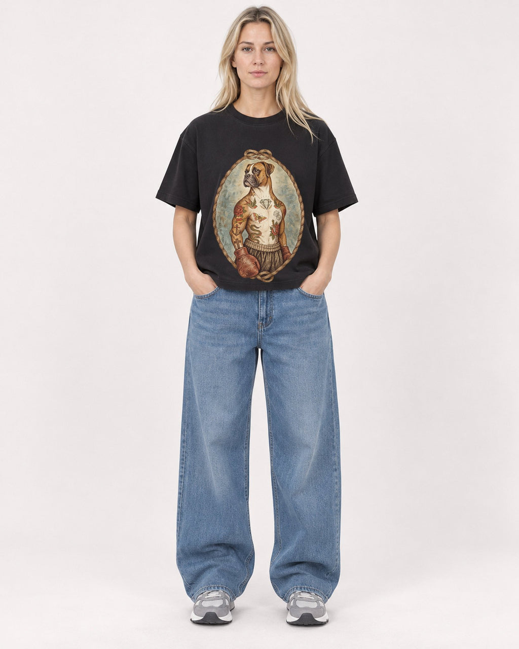 Mockup Boxy Heavyweight Tee Black female full-body 08