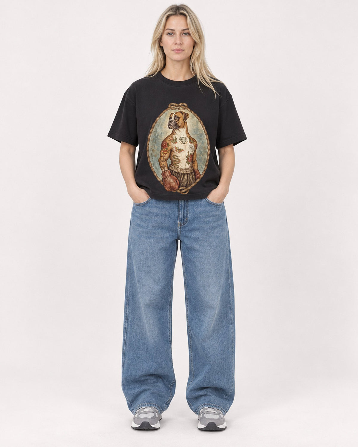 Mockup Boxy Heavyweight Tee Black female full-body 08