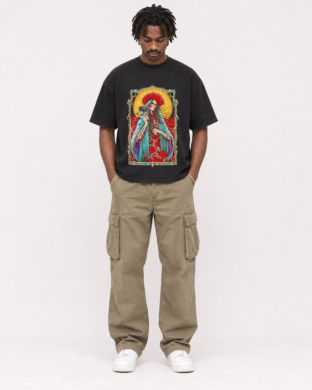 Mockup Boxy Heavyweight Tee Black male full-body 04