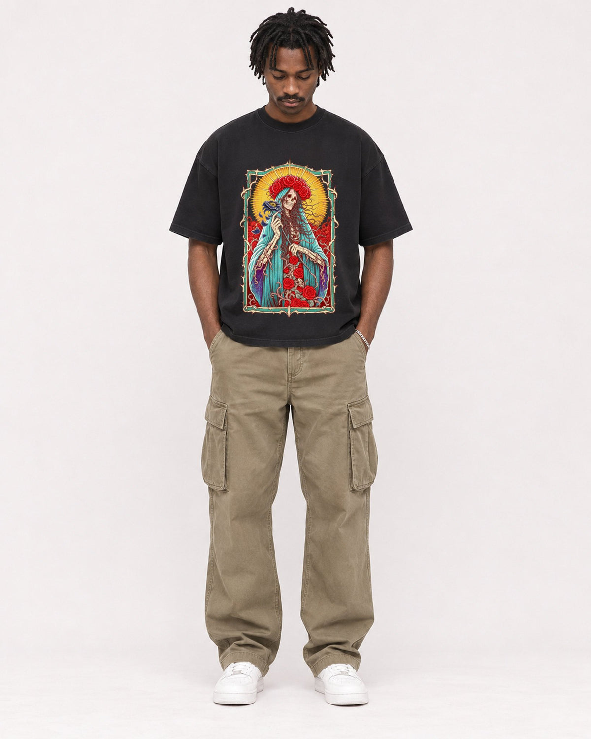 Mockup Boxy Heavyweight Tee Black male full-body 04