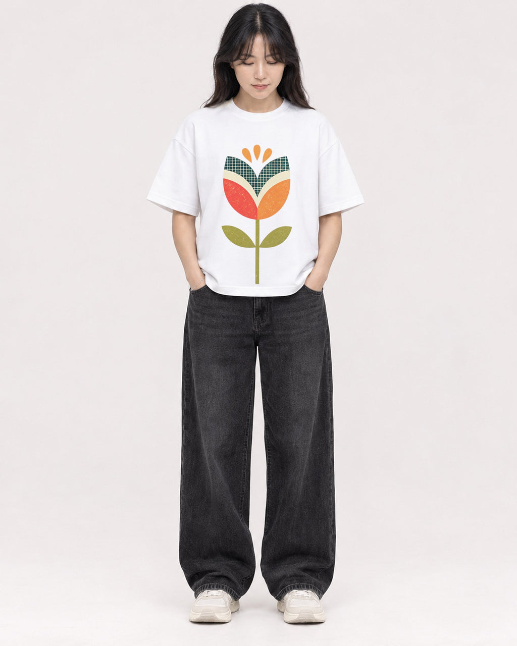 Mockup Boxy Heavyweight Tee White female full-body 13