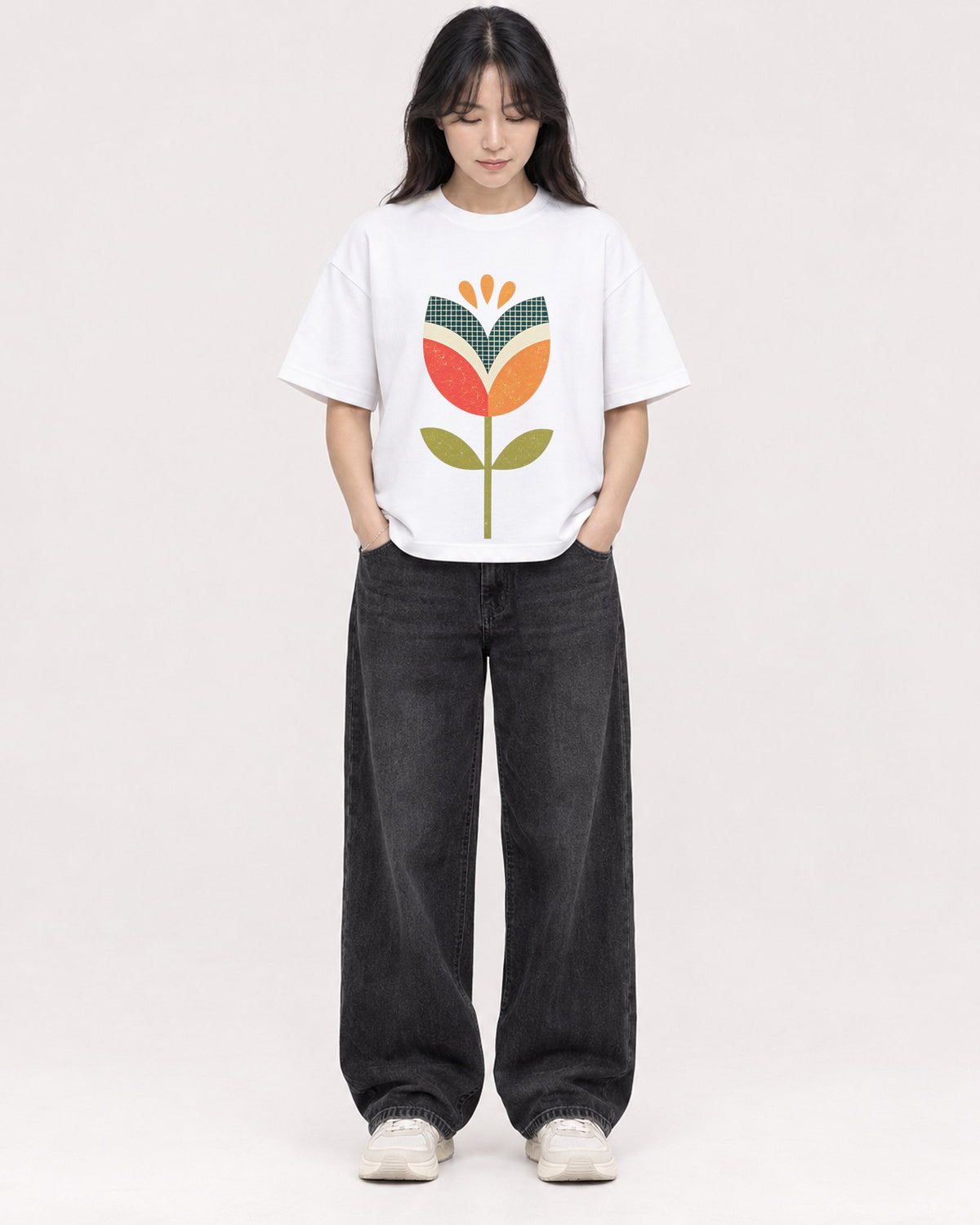 Mockup Boxy Heavyweight Tee White female full-body 13