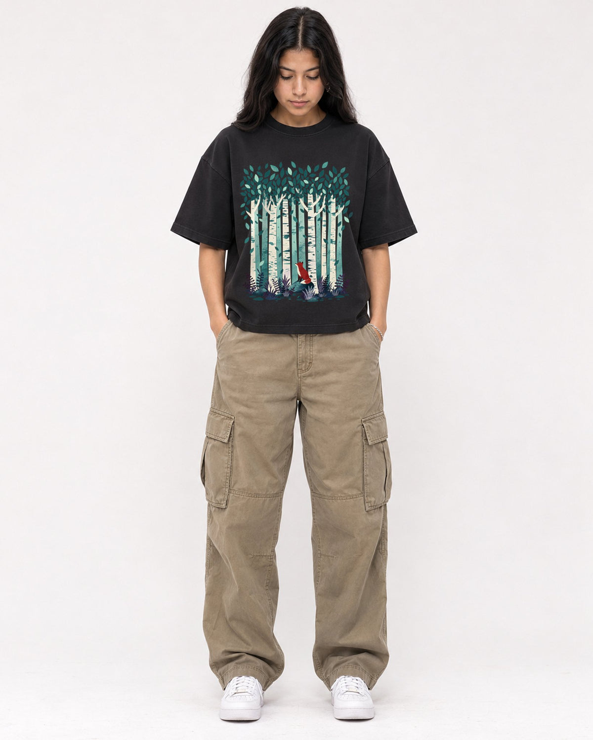 Mockup Boxy Heavyweight Tee Black female full-body 46