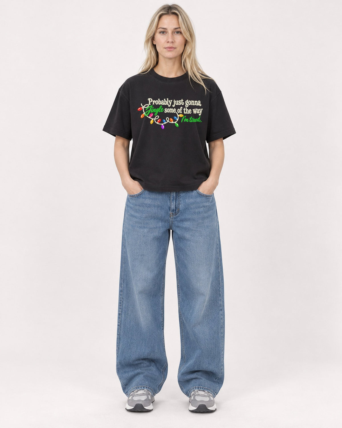 Mockup Boxy Heavyweight Tee Black female full-body 08
